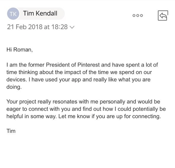 pinterest former president Tim Kendall email