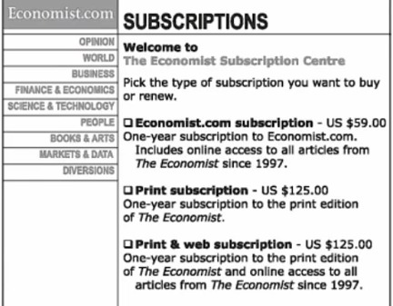 In the picture below you can see a magazine subscription page with three options: