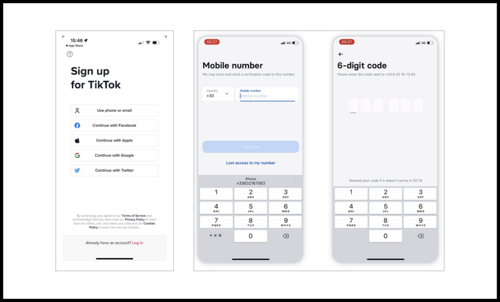 In the screenshot below, TikTok asks the user to sign up as soon as the app starts. TikTok offers a number of different options for doing so. Banking app Revolut, by contrast, requires that the user create an account attached to their cell phone number.