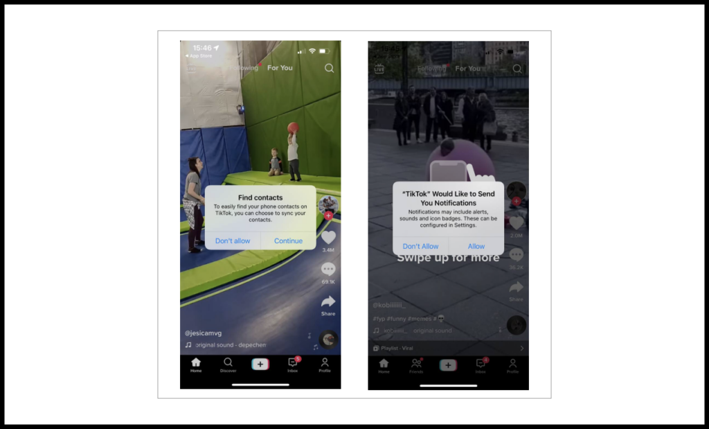 TikTok requests to send push notifications and access the user’s contacts in order to find friends who are already on TikTok.