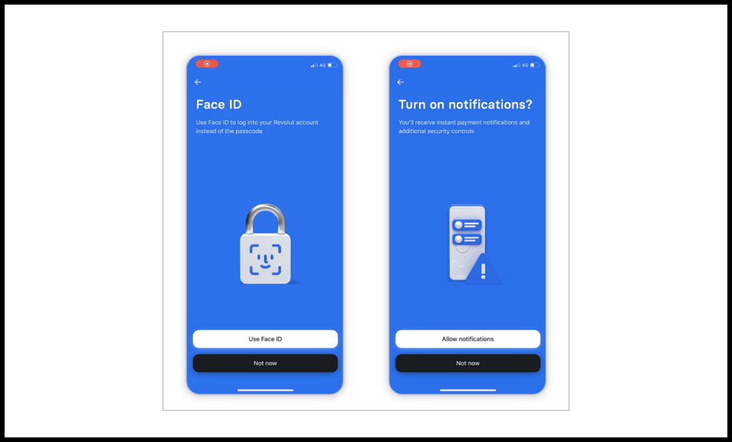 Revolut requests access to push notifications (for sending transaction info) and Face ID (to simplify sign-in).
