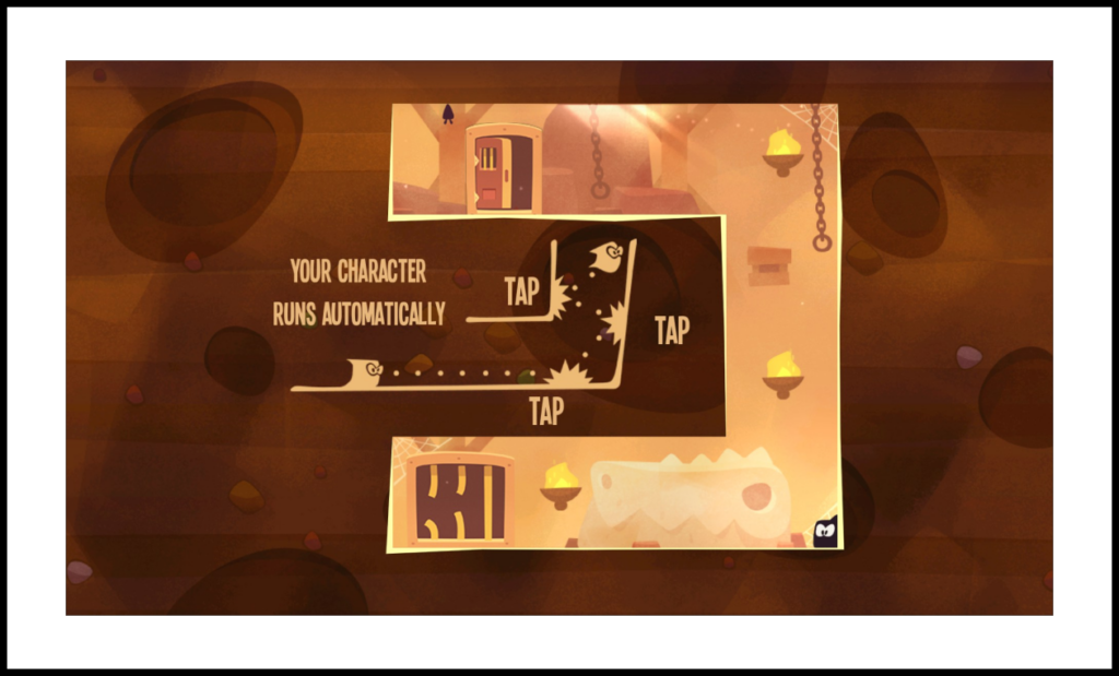 Below is one of the first steps in the onboarding process of the game King of Thieves. The user is figuring out how to control their character. The level is made so that even though there are no arbitrary restrictions, the design of the subterranean world constrains the user’s actions so that they have to perform the target action. The user learns to control the character and in the process walks to a door leading to the next step.
