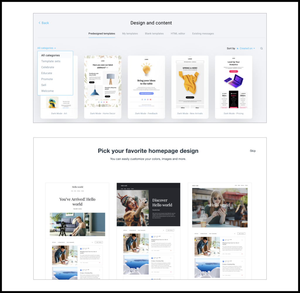 Users of Wix get ready-to-use editable templates for landing pages to fit different use cases. Templates in Notion and Miro perform a dual function: they help users accomplish a task more quickly while also teaching how to use the product.
