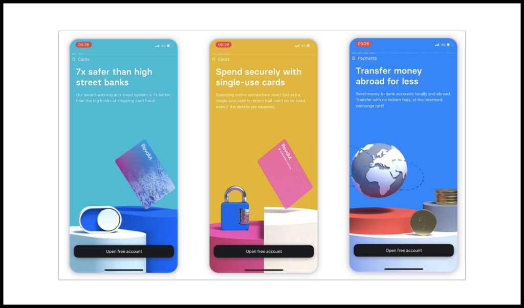 When first launched, Revolut tells the user why the product is better than ordinary banks. This is done in the background to provide motivation for completing the target action—creating an account.