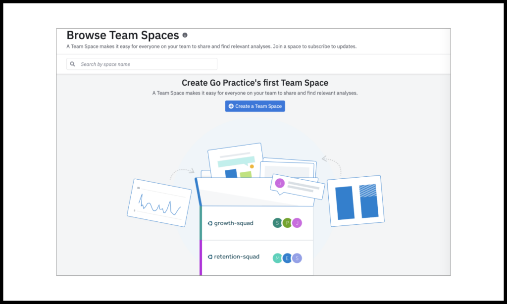 Here is Amplitude’s Spaces screen, which shows features for collaborating on projects inside Amplitude. Note how the empty state is handled.