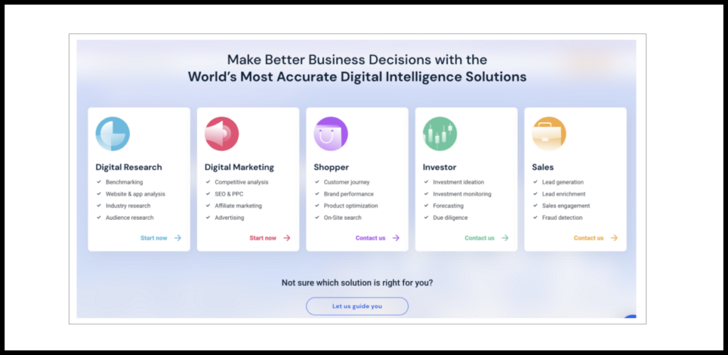 The screenshot below illustrates one of the first steps when signing up for analytics service Similarweb. The user is asked to pick their use case. Depending on the use case, the Similarweb team will pick the approach to activation accordingly. For some use cases, activation will be fully automated (at the product level). In others, the user will be contacted by the sales team to discuss needs and challenges.