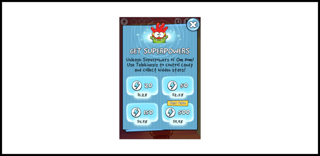 The developer made a tiny change. In the game store, they increased the quantity in the fourth pack of superpowers (a paid add-on for easily completing a difficult level) from “500” to “infinite”.