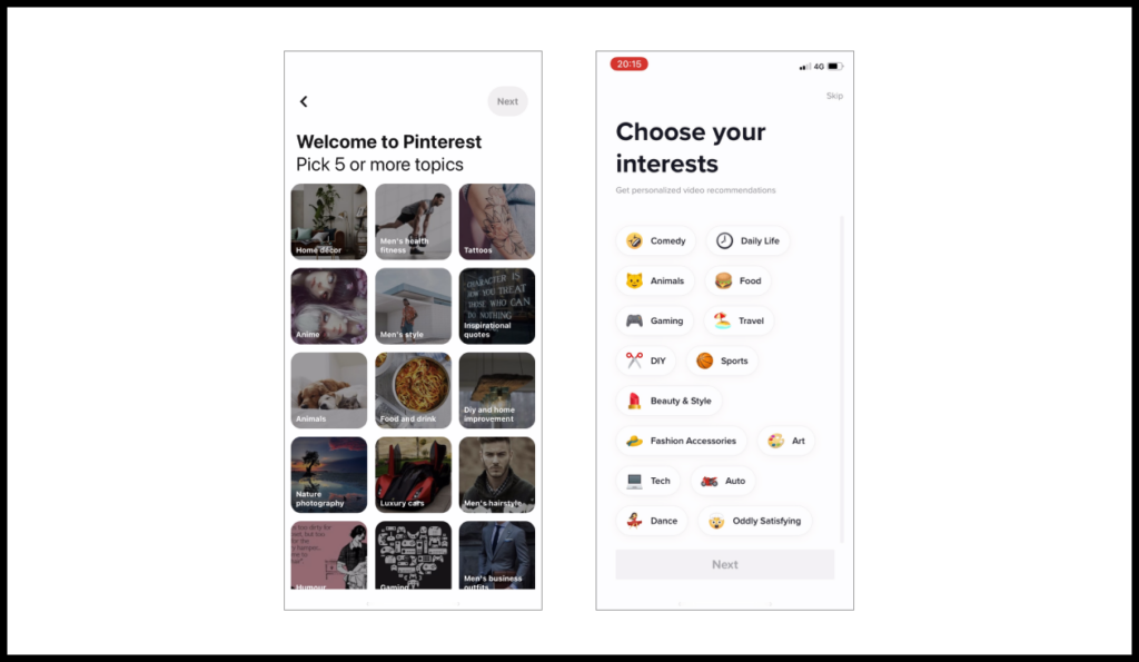 Pinterest, TikTok, and other social networks ask the user to indicate their interests in order to make more relevant content recommendations in their feed.
